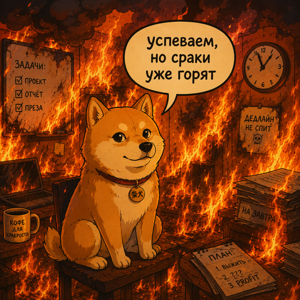 Шиба-ину в горящем офисе говорит «успеваем, но сраки уже горят»: все задачи отмечены галочками, на стене плакат «дедлайн не спит», в блокноте план: 1. выжить, 2. ???, 3. PROFIT
