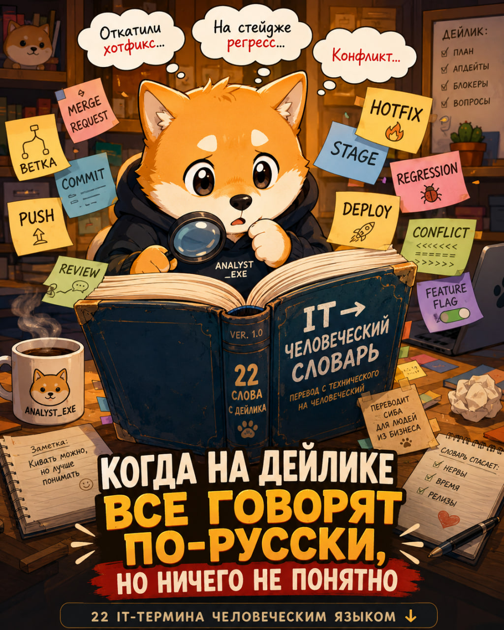 Шиба-ину с лупой читает «IT → человеческий словарь»: вокруг стикеры с терминами — ветка, коммит, push, review, hotfix, stage, deploy, regression, conflict, feature flag. Подпись: когда на дейлике все говорят по-русски, но ничего не понятно