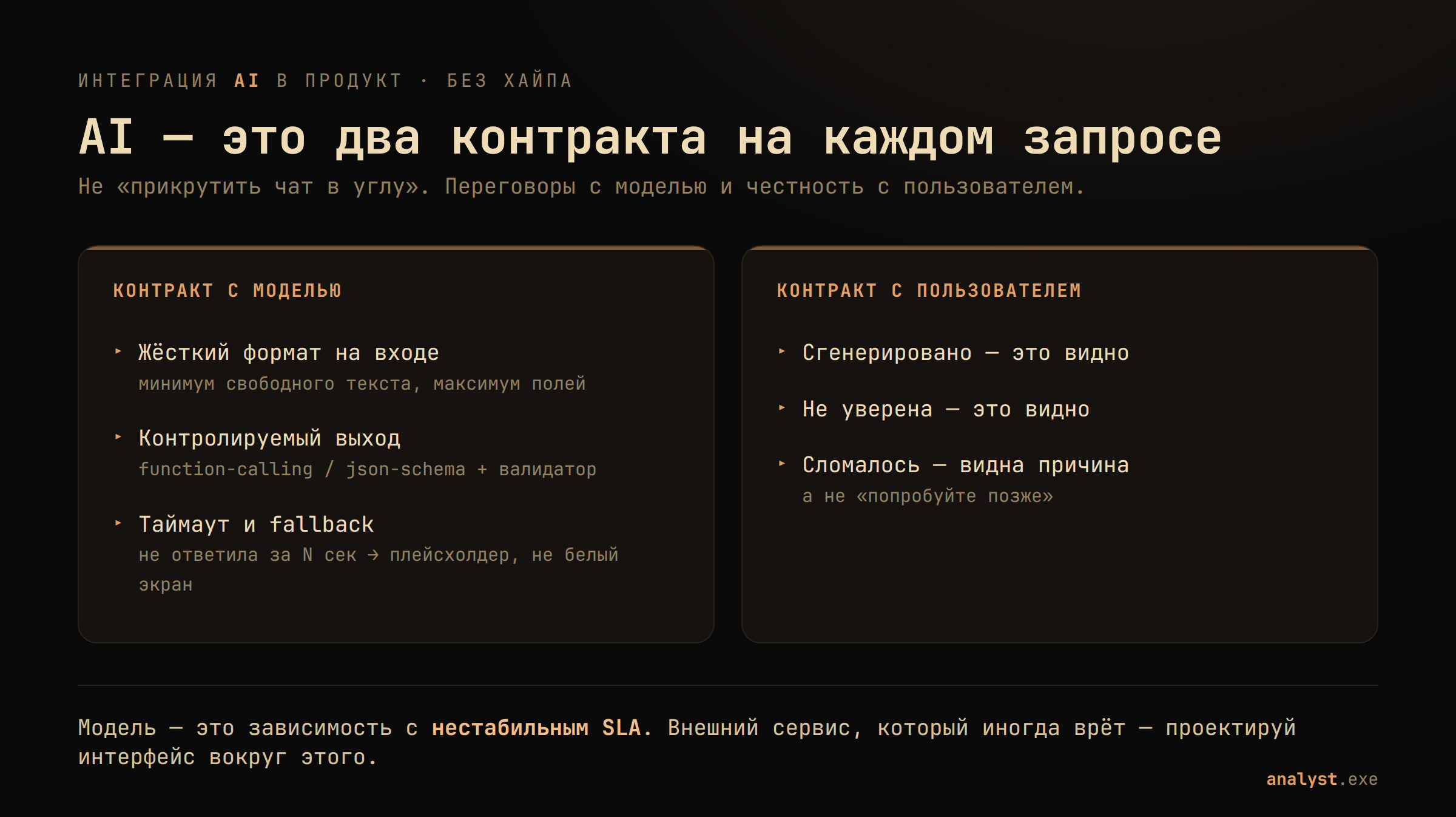 Два контракта AI-фичи: контракт с моделью (жёсткий вход, контролируемый выход, таймаут и fallback) и контракт с пользователем (видно что сгенерировано, видно неуверенность, видна причина ошибки)